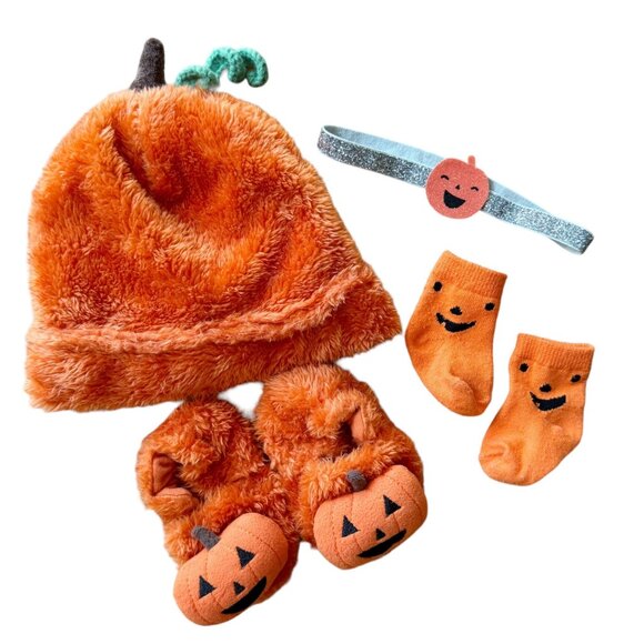 Baby Infant Pumpkin Costume Set Hat Booties Socks Headband 12M Halloween Orange - Picture 1 of 2